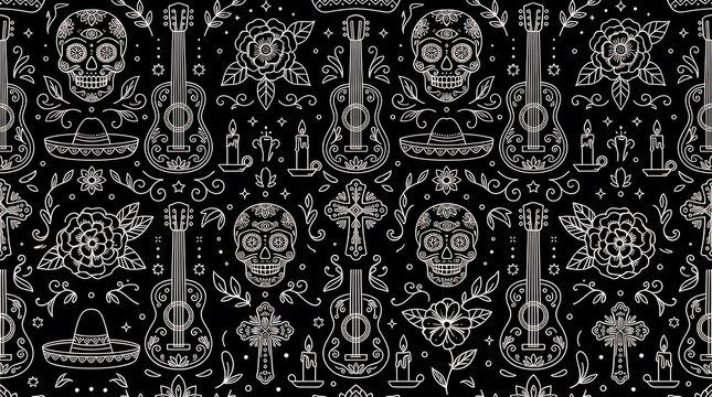 Intricate black and white floral sugar skull pattern with traditional musical instruments, monochrome