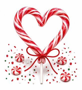 Red and white heart shaped candy cane with peppermint sweets isolated