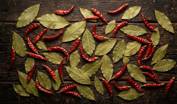 Aromatic Bay Leaves Tej Patta and Dry Red Chilies Flat Lay
