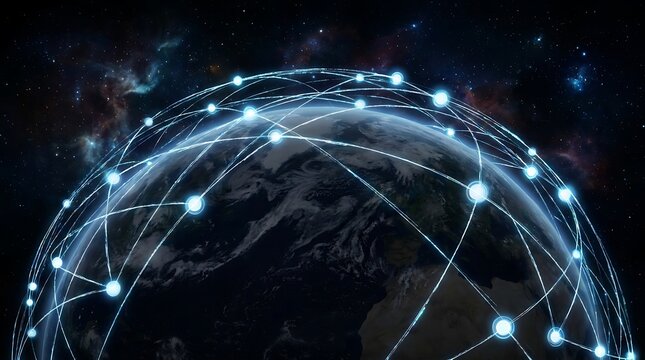 Global internet connectivity network with glowing data nodes around planet Earth
