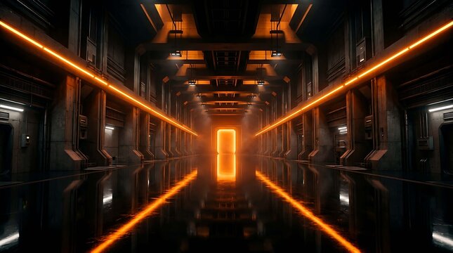 Futuristic scifi corridor with glowing orange neon lights and reflective dark floor, cinematic industrial interior design for gaming or virtual production background