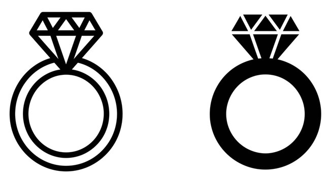 Diamond engagement ring vector icons. Minimalist wedding ring symbols in outline and solid black styles. Jewelry and marriage graphics.