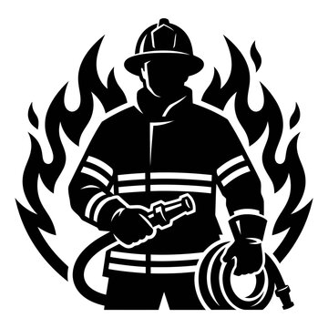 Firefighter silhouette vector, brave fireman with hose and helmet, heroic fire department emblem, black and white rescue worker icon