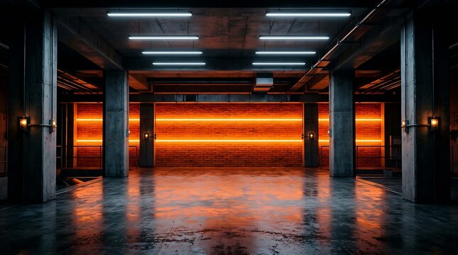 Modern industrial underground parking garage with concrete pillars, glowing orange neon light strips on brick walls, and reflective wet floor, cinematic lighting, futuristic interior