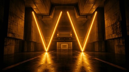 Obraz premium Abstract futuristic interior of a dark concrete hall with glowing orange neon lights in the shape of the letter w, scifi architectural background, 3d rendering