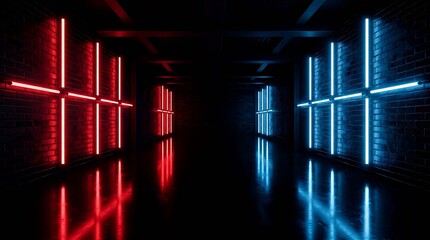 Naklejka premium Futuristic dark corridor with red and blue neon lights on brick walls, reflective floor, modern abstract background, cinematic lighting, 3d render design