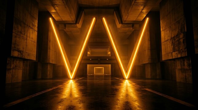 Abstract futuristic interior of a dark concrete hall with glowing orange neon lights in the shape of the letter w, scifi architectural background, 3d rendering