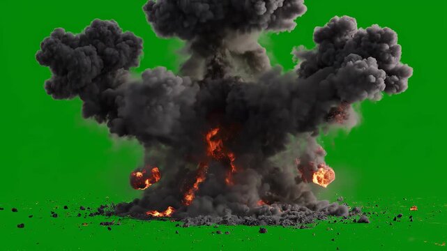 Explosion cloud blooming with fire and smoke against green screen chroma key for visual effects