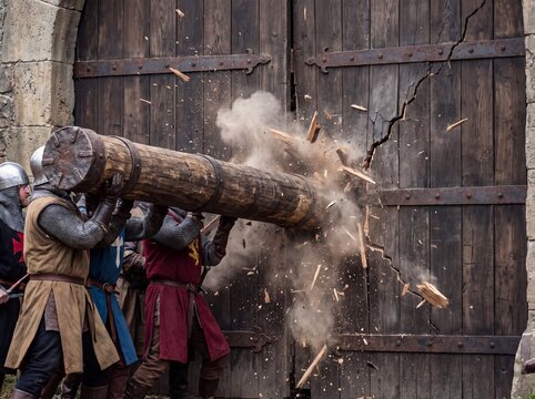 Medieval Knights Breach Castle Gates with Massive Battering Ram in Explosive Assault