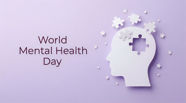 World mental health day concept with a paper cutout human head silhouette and scattered puzzle pieces on a soft purple background for awareness campaigns