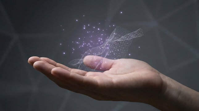 Human hand holding glowing purple digital particles and abstract energy