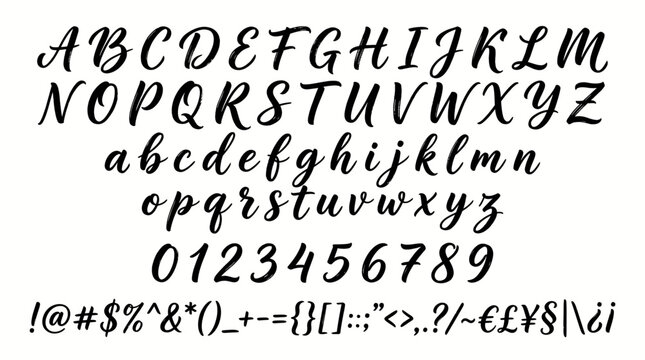 A comprehensive display of the English alphabet in uppercase and lowercase, along with numerical digits and common punctuation symbols, presented in a flowing script font.