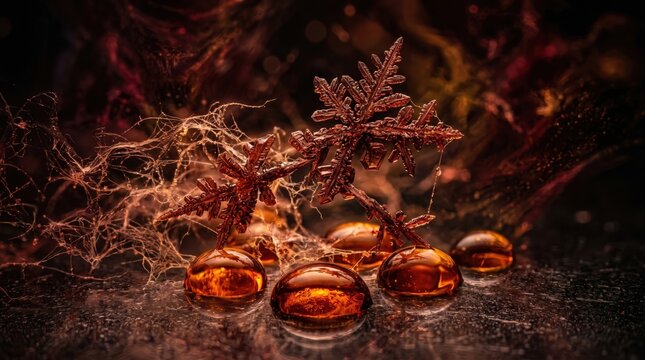 Imagined Bromine Frost Crystals Suspended Above Amber Liquid Droplets