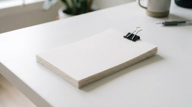 A stack of plain white paper sheets secured with a black metal binder clip sitting on a clean modern white office desk