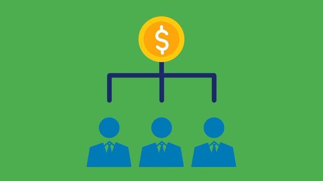 Shareholder concept showing gold coin distribution through a flow chart to multiple business people.