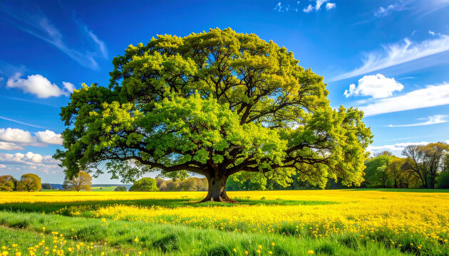 Majestic oak tree surrounded by vibrant green and golden-yellow spring meadows, clear bright blue sky with soft white clouds, warm sunlight and fresh seasonal atmosphere.