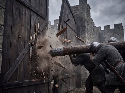 Medieval soldiers in chainmail use a battering ram to smash through wooden castle gates, creating a scene of chaotic destruction and siege warfare.