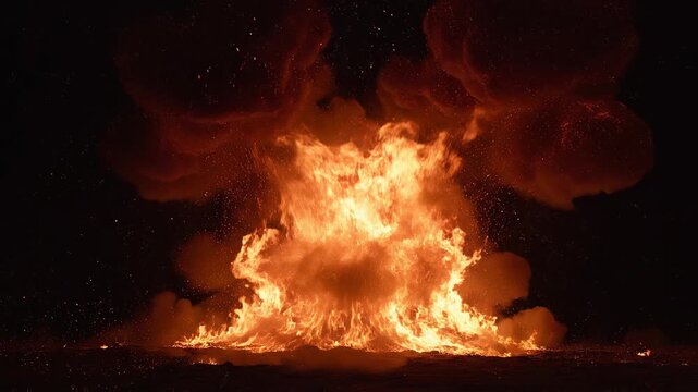 Explosion sequence in darkness with cinematic motion and fiery orange plumes