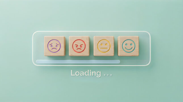 Four wooden blocks featuring different facial expressions arranged in a glass tray representing customer satisfaction feedback or emotional assessment survey on a light background