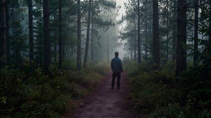 Fototapeta premium Hiker walking along path in misty pine forest during early morning