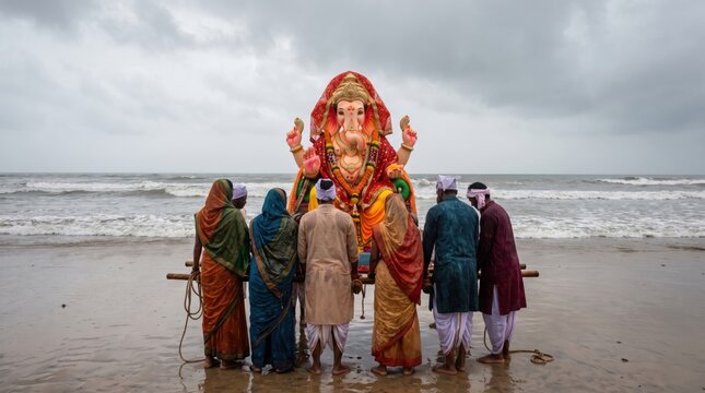 Devotees carrying a large, colorful statue of the hindu deity lord ganesha on a wooden platform across a wet sandy beach towards the ocean under a cloudy, overcast sky