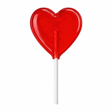 Shiny red heart shaped lollipop candy on a stick