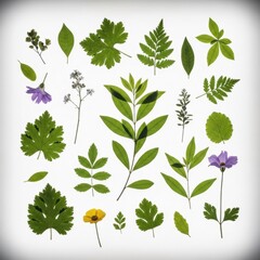 Naklejka premium Botanical collection of green leaves, purple and yellow flowers on white background. Herbarium specimens featuring diverse foliage shapes, serrated edges, and plant stems.