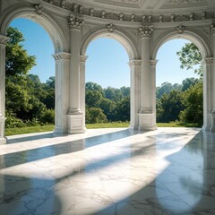 Fototapeta premium Elegant marble terrace with arches overlooks rich green forest landscape. Sunlight streams across polished floor creating shadows. Classic architecture provides grand outdoor space.