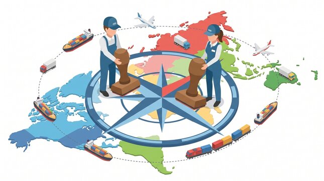 Isometric illustration of freight forwarding agents stamping a giant global compass