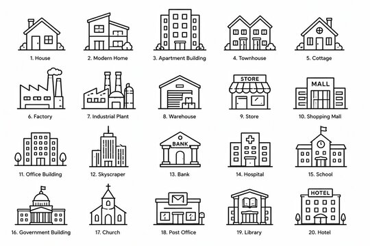 Set of simple black line icons representing various urban buildings