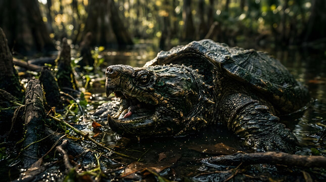 aligator snapping turtle closeup on mangrove area