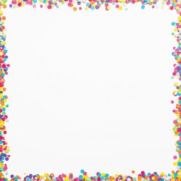 Festive square frame border composed of multicolored round paper confetti dots on a plain white background, featuring central empty copy space for text and celebratory design.
