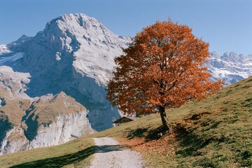 Obraz premium The Tree on the Mountain Slope Amid Autumn Landscape Beside a Path