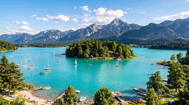 Stunning panoramic view of Lake Eibsee in Bavaria, Germany, featuring crystal clear turquoise water, a small forested island, and the towering, majestic peaks of the Zugspitze mountain range