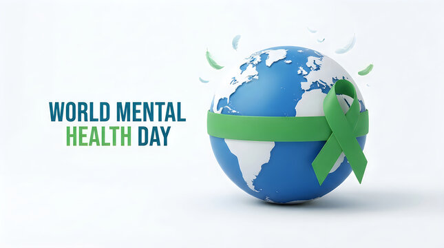 World mental health day concept featuring a globe wrapped in a green awareness ribbon isolated on a clean white background for global support campaign