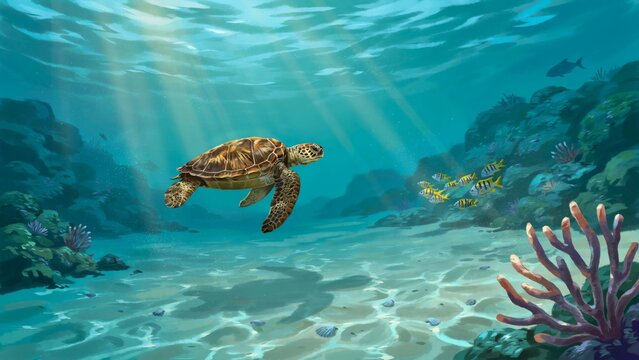 Illustration of a sea turtle swimming over coral reef with swimming underwater near marine life coral reefs deep sea vertebrate snorkeling with wildlife