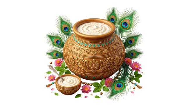 Traditional butter pot with peacock feathers for janmashtami isolated on transparent background