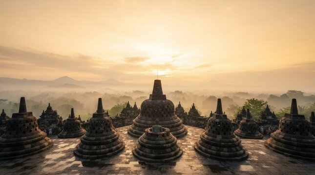 Sunrise Over Borobudur Temple Complex Indonesia.