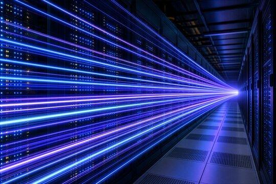 Glowing blue light trails wind through a modern data center corridor lined with server racks, conveying high-speed network traffic, digital connectivity, cloud infrastructure and advanced computing 