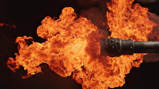 Explosive gas flame erupts from industrial burner nozzle in darkness with dramatic motion