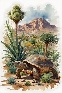 A desert tortoise among xerophytic vegetation