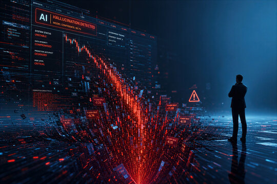 AI hallucination triggered financial market crash: autonomous trading interface failure with descending red candlestick data vortex and lone risk analyst observing digital collapse