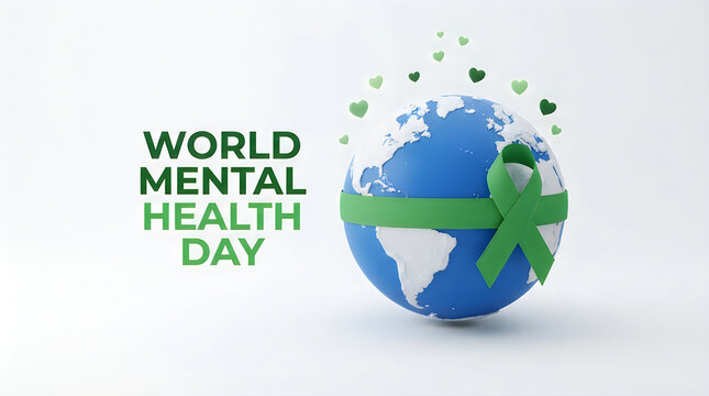 A conceptual image for world mental health day featuring a globe wrapped in a green awareness ribbon isolated on a clean white background studio shot
