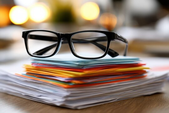 Black framed glasses resting on a thick stack of colorful papers and documents on a wooden desk with warm ambient lighting in the background