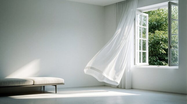 Minimalist empty room with white walls, light grey floor. Open window lets in bright sunlight, fresh air. White sheer curtains blow in wind. Modern daybed sits in corner of bright spacious interior