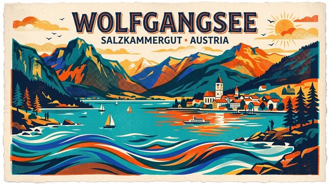 Vintage-style travel poster illustration of Wolfgangsee lake in the Salzkammergut region of Austria, featuring mountains, a lakeside village, sailing boats, and stylized artistic water waves.