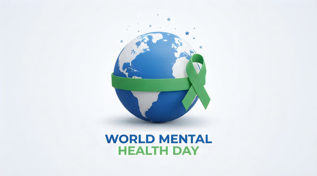 A 3d rendered globe wrapped with a green awareness ribbon representing world mental health day to promote global psychological wellness and support for everyone