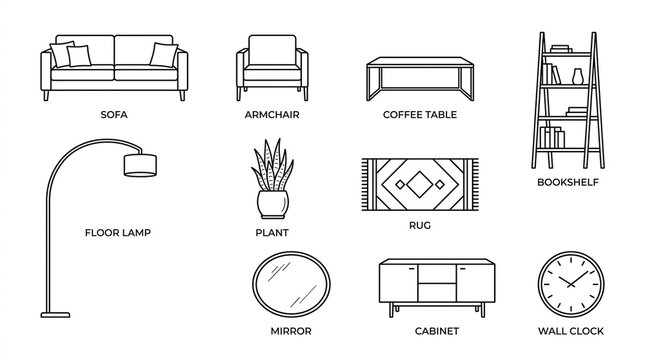 Set of modern living room furniture icons in thin line style.
