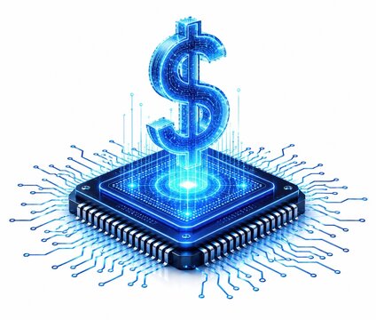 Glowing blue dollar sign symbol rising from a digital computer chip