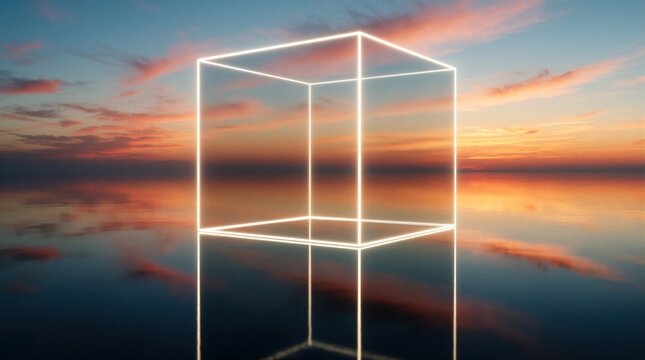 Glowing neon cube outline floats above calm ocean water at sunset. Abstract geometric light structure reflects on sea surface under colorful orange clouds. Surreal digital art represents metaverse,